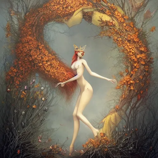 Image similar to fine art photo of the beauty goddess foxes, she has a crown of dried flowers, by peter mohrbacher