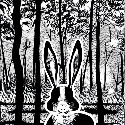 Image similar to a rabbit smoking a cigarette deep in the forest, striking pose, black and white illustration, creative design by junji ito
