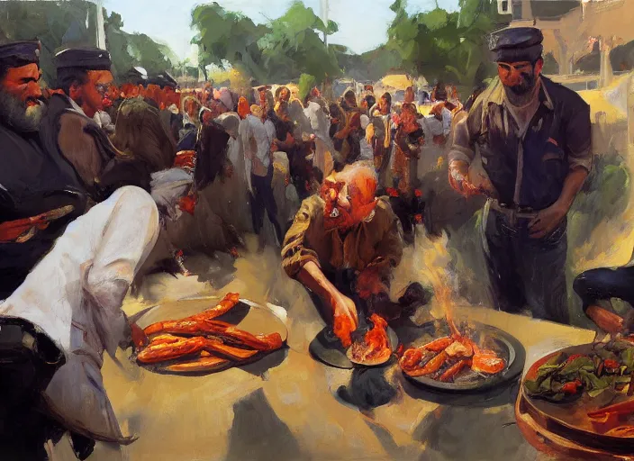 Image similar to a highly detailed beautiful portrait of a bibi nethanyahu protesting against eating animals while people doing bbq, by gregory manchess, james gurney, james jean