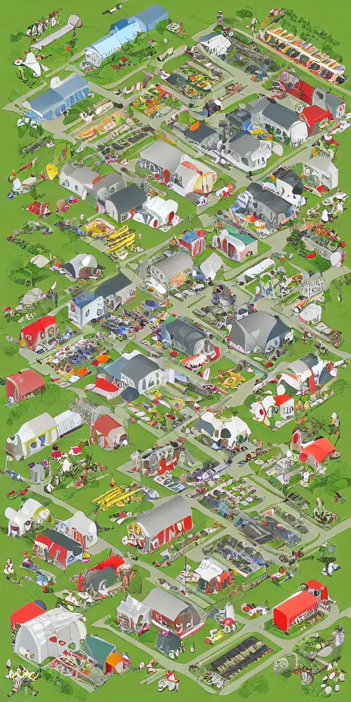 Image similar to Sketch Doodle diagram of different farms and building, industrial buildings, icons, people, tractors, animals, farm land, playful, settlers