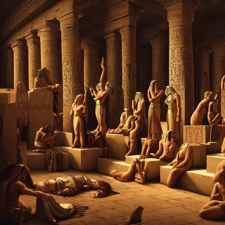 Image similar to ancient egyptians worshiping the pharaoh, dream-like atmosphere, symmetrical baroque painting, perfect composition, beautiful detailed intricate insanely detailed octane render trending on Artstation, 8K artistic photography, photorealistic, soft natural volumetric cinematic perfect light, chiaroscuro, award-winning photograph, masterpiece, Raphael, Caravaggio, Greg Rutkowski, Beeple