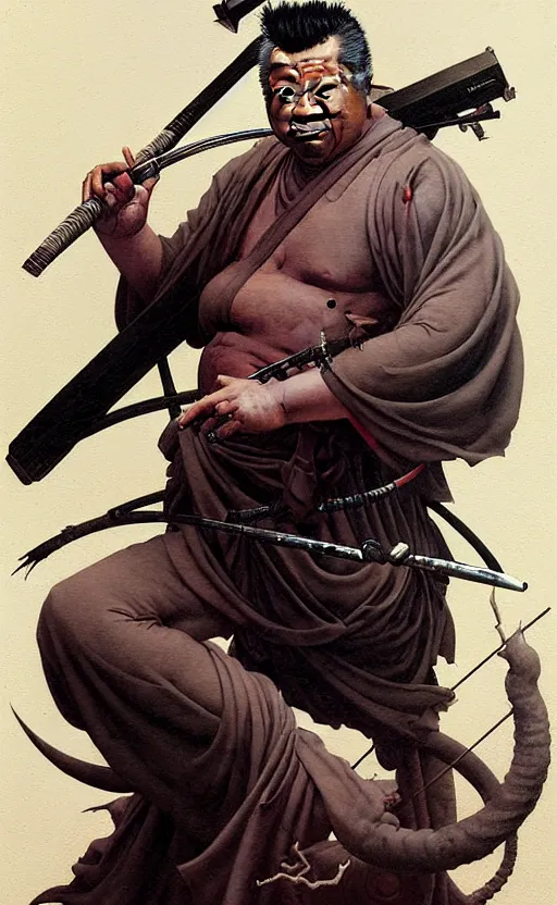 Image similar to portrait of zatoichi in the style of wayne barlowe, gustav moreau, peter mohrbacher, bussiere, roberto ferri, santiago caruso, luis ricardo falero, austin osman spare, boris vallejo, hajime sorayama