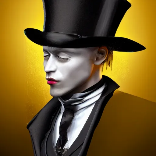 Image similar to a highly detailed portrait of a man in a high top hat covering his face, in a black tailcoat with a yellow waistcoat under the tailcoat, artstation, deviantart, professional, unreal engine 5, photorealistic