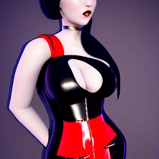 Image similar to an elegant curvy feminine pale goth cutie wearing an elaborate latex-nylon-leather striped red-black-silver-gold neck-high dress, thin waist, cgsociety, photorealistic, 16k, smooth, sharp focus, trending on ArtStation, volumetric lighting, worksafe, sublime-comforting-intriuging ambience