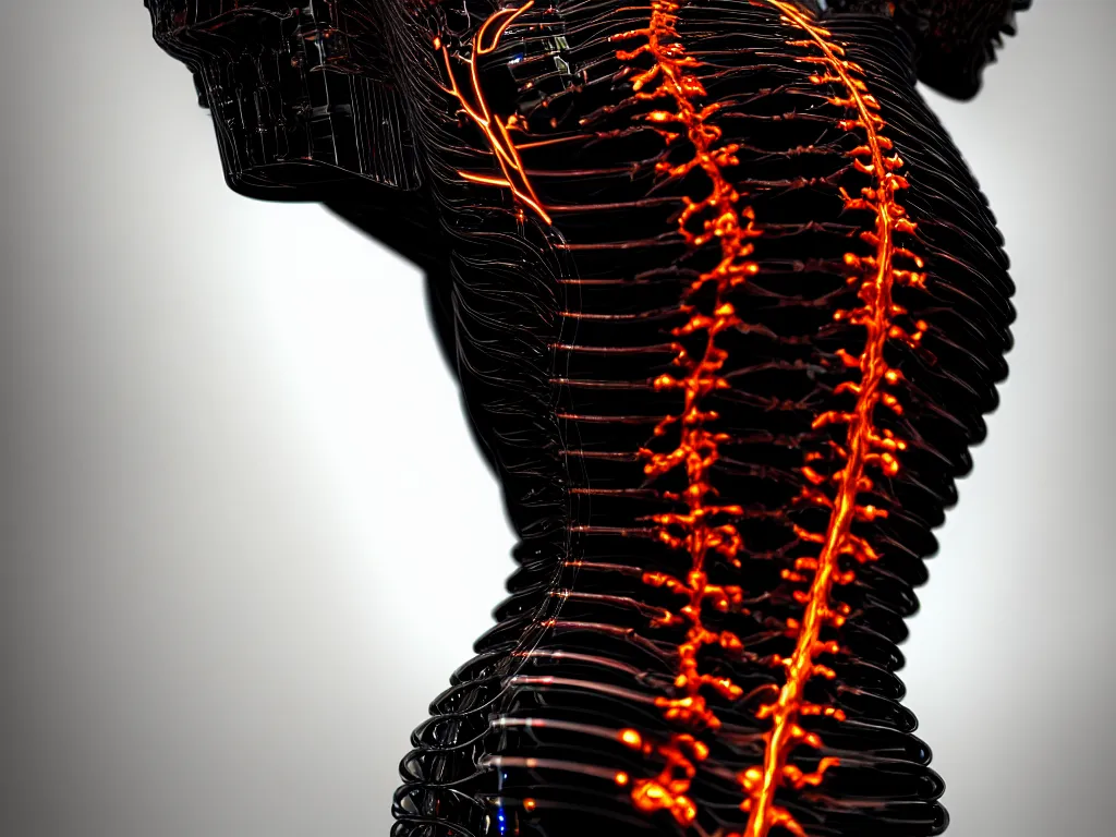 Prompt: a beautifully sculpted anatomically correct black human spine made of glass, intricate galaxy inlay, ultra high detail, plasma neon internal glow, precise detailing, 4k, trending on artstation, hypermaximalist, photorealistic, moody, dramatic, octane render