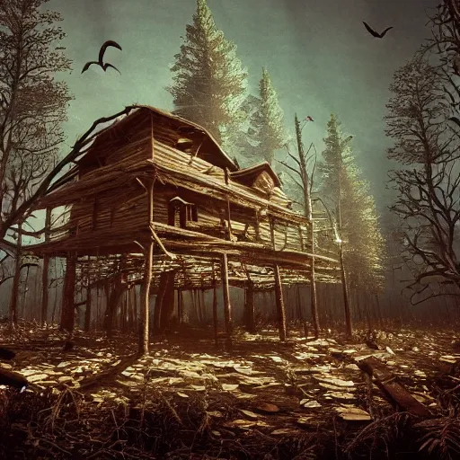 Image similar to an old wooden house standing on giant chicken legs. dark forest of dead trees. night. moonlight. mystery. thrill. photorealistic. hyper detailed. cinematic. epic composition