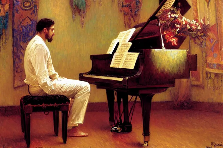 Image similar to attractive man, playing piano, painting by gaston bussiere, craig mullins, greg rutkowski, alphonse mucha