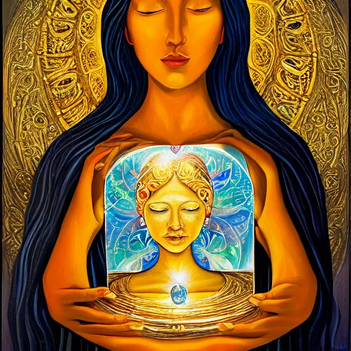 Prompt: a painting of a woman holding a glowing golden heart in the water, an acrylic on canvas painting by amanda sage and magali villenueve, louvre contest winner, gold foil, metaphysical painting, wiccan, mystical, tarot card art