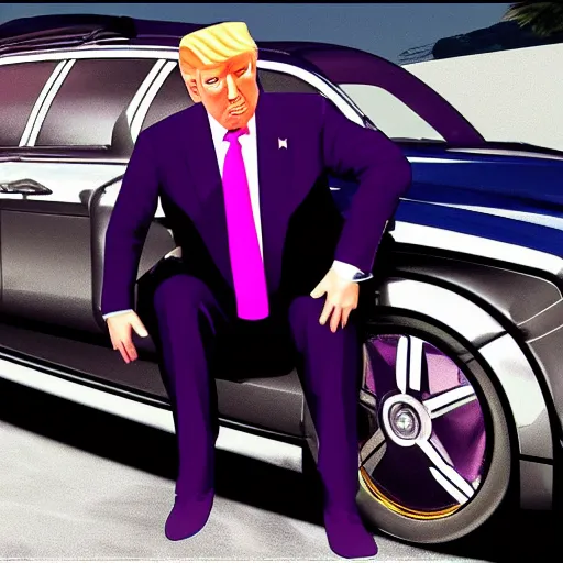 Image similar to portrait of donald trump sitting on a roll's royce, gta 5 artwork, gold chain necklace, very detailed face, purple suit