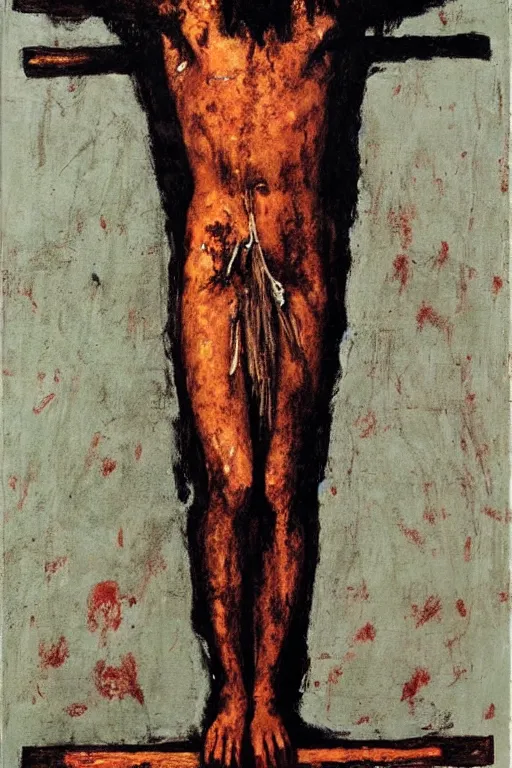 Prompt: bloody jesus christ crucified painted by cy twombly and alex katz