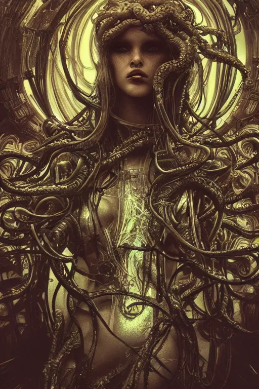 Image similar to Cyberpunk medusa, dark atmosphere, cinematic shot, intricate, ornate, photorealistic, ultra detailed, realistic, 35mm, photography, neon, octane, high definition, depth of field, bokeh, 8k, artstation, ((alphonse mucha)), hr giger