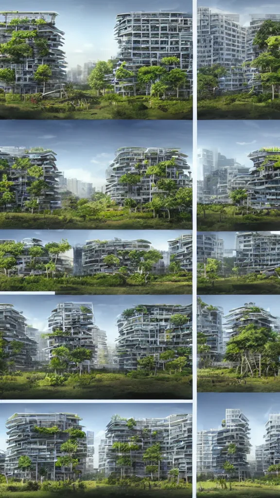 Image similar to 5 - panel comic page layout. crowd talking about sustainable futuristic building in a urban setting. ultrarealistic matte painting on white page. the building has many deep and tall balconies covered in plants and trees. thin random columns, large windows, deep overhangs. plants hang from balconies. greeble articulated details with plants. 8 k, uhd.