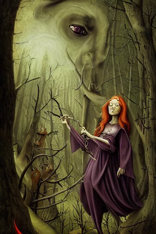 Image similar to satanic witch in the evil forest, fantasy, 8 k resolution, hyper detailed, character design, digital painting, sharp focus, illustration, art by hieronymus bosch