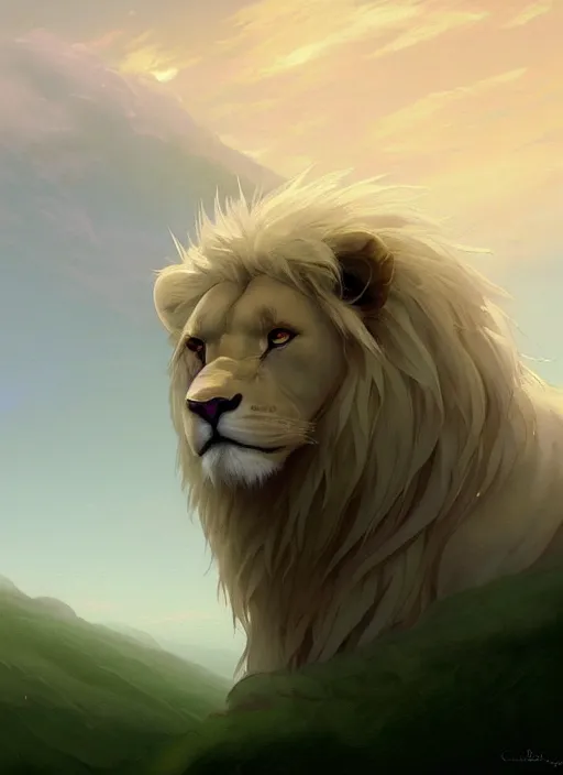 Prompt: aesthetic portrait commission of an albino male furry anthro lion amongst the clouds above green empty blissful hills in the sky wearing a silky white translucent cloak blowing in the wind, Atmospheric. Character design by charlie bowater, ross tran, makoto shinkai, Greg Rutkowski and Thomas Kinkade, detailed, inked, western comic book art, 2021 award winning painting