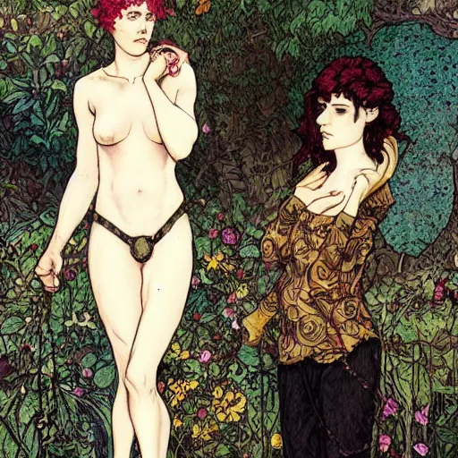 Image similar to stoic heroic emotionless blond butch tomboy woman, standing side by side with taller goth black - haired dark fae jennifer connelly, in love, romantic in romantic garden, mike mignogna, illustration, pen and ink, oil painting, highly detailed, mucha