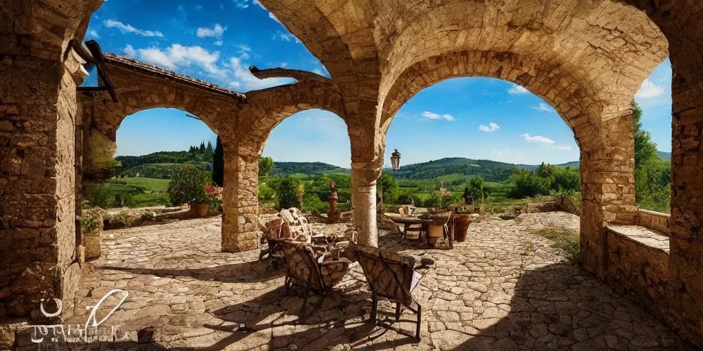 Image similar to a rustic medieval villa, beautiful tuscany landscape, cinematic, bokeh, kodak gold 2 0 0, unreal engine