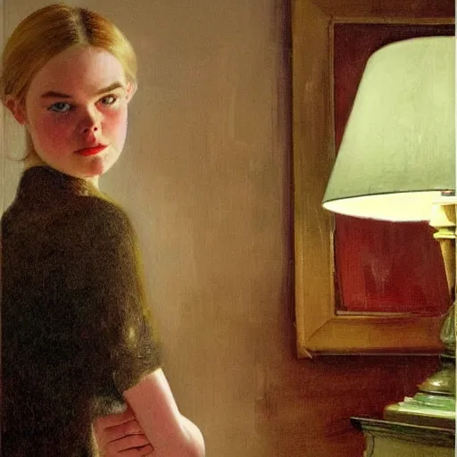 Prompt: Elle Fanning at night, stormy weather, extremely detailed masterpiece, oil on canvas, by Norman Rockwell and Edward Hopper,