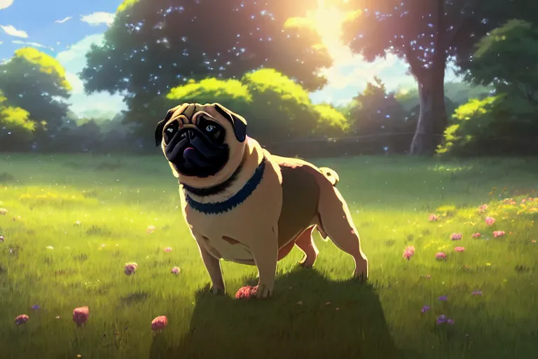 Prompt: a happy pug, single subject, peaceful flower meadow with some trees in the background, scenic full shot, ambient lighting, detailed face, by makoto shinkai, stanley artgerm lau, wlop, rossdraws