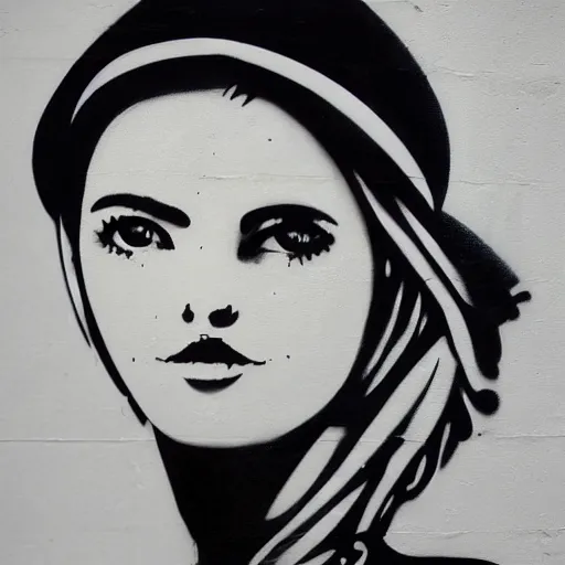 Image similar to beautiful female graffity, close up face, by Banksy, trending on Artstation