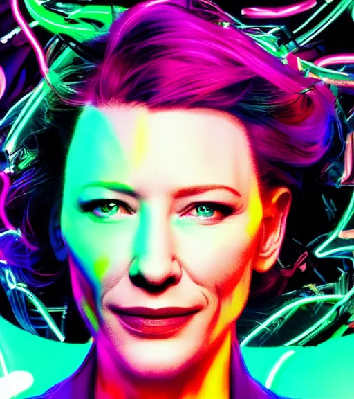 Image similar to cate blanchett ,neon colors, strong lighting, by Josan Gonzalez, HD, 4K