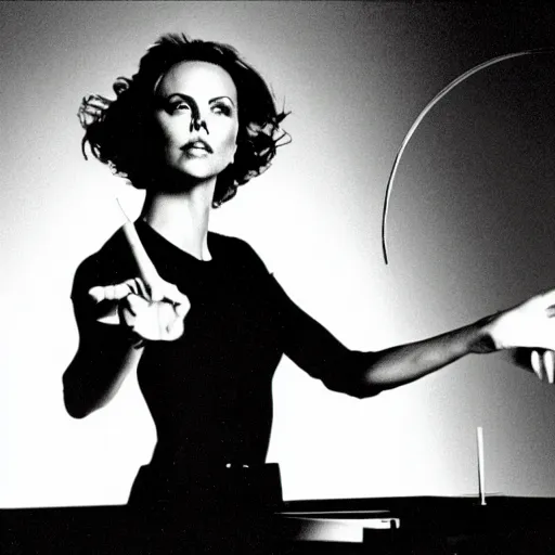 Image similar to charlize theron waving her arms over a theremin. behind her is a jacob's ladder spark generator with big electric arcs. german expressionism, dramatic and moody