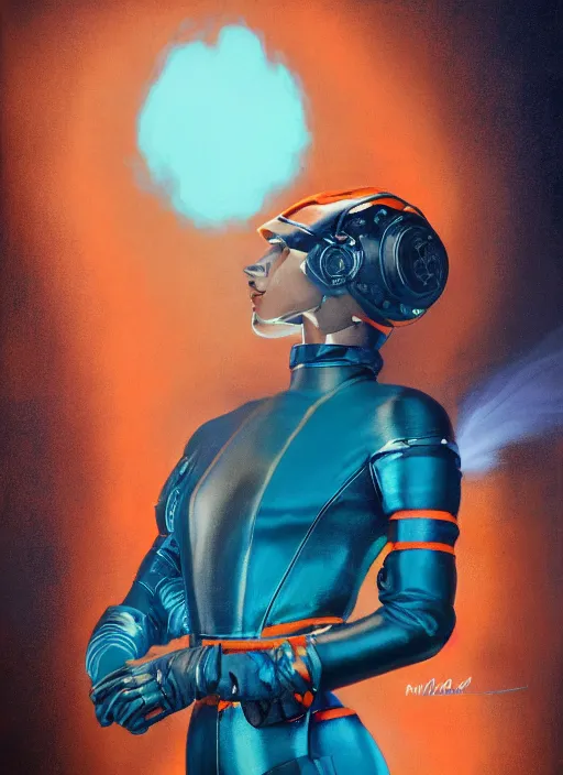 Prompt: symmetry!!! closeup portrait of a cyborg chef girl, fashion racing jumpsuit with shiny shoulder pads, cinematic light, windy, teal orange, volumetric smoke, mist, by gerald brom, by mikhail vrubel, by peter elson, muted colors, extreme detail, trending on artstation, 8 k