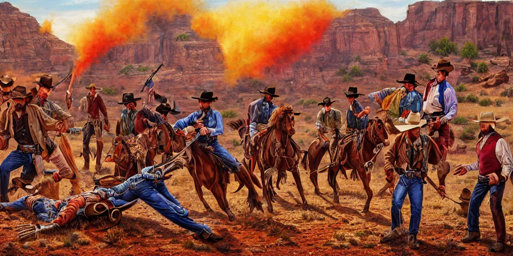 Image similar to photorealist painting of wild west western gunfight, cowboy shootout, vivid colors, warm colors, high production value, intricate details, high resolution, hyperrealistic, hdr, high definition, masterpiece, ultra realistic, highly detailed, hd, sharp focus, non blurry, sharp, smooth