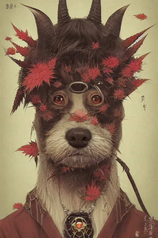 Image similar to a portrait of a japanese devil cannabis dog animal illustrated by miyazaki by karol bak, james jean, tom bagshaw, rococo, sharp focus, trending on artstation, cinematic lighting, hyper realism, octane render, 8 k, hyper detailed, vivid, ultra detailed, highly detailed