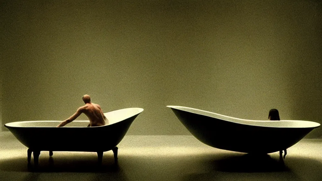 Image similar to the strange creature in a bathtub, floating water, film still from the movie directed by Denis Villeneuve with art direction by Zdzisław Beksiński, wide lens