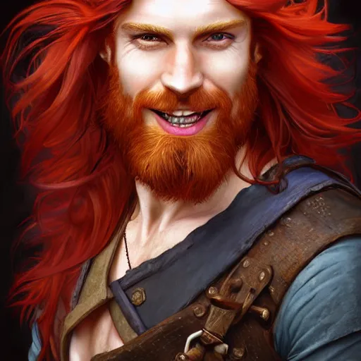 Image similar to portrait of a young ruggedly handsome but joyful pirate with red hair, male, masculine, upper body, red hair, long hair, d & d, fantasy, joyful smirk, intricate, elegant, highly detailed, digital painting, artstation, concept art, matte, sharp focus, illustration, art by artgerm and greg rutkowski and alphonse mucha