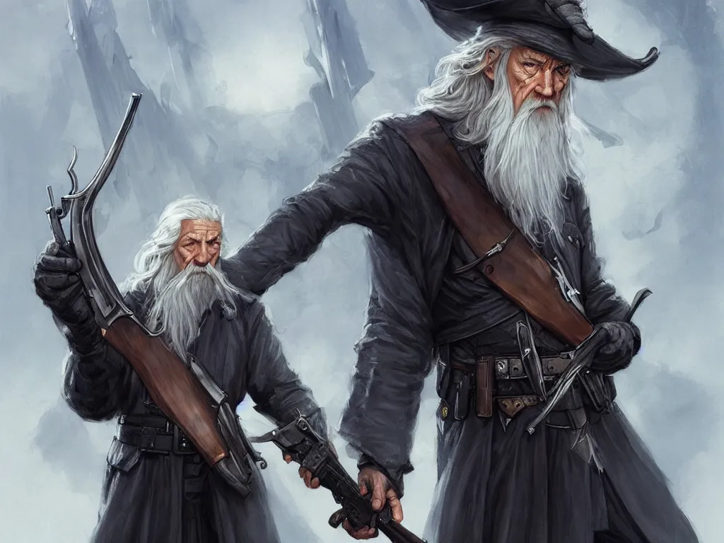 Image similar to policeman gandalf looking quizzically at an ak - 4 7 that he's holding up, art by artgerm and greg rutkowski and magali villeneuve, d & d, fantasy, highly detailed, digital painting, trending on artstation, concept art, sharp focus, illustration