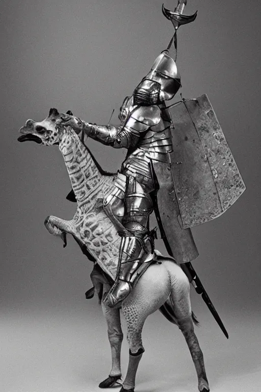 Image similar to a photo of a medieval knight in armor riding a giraffe