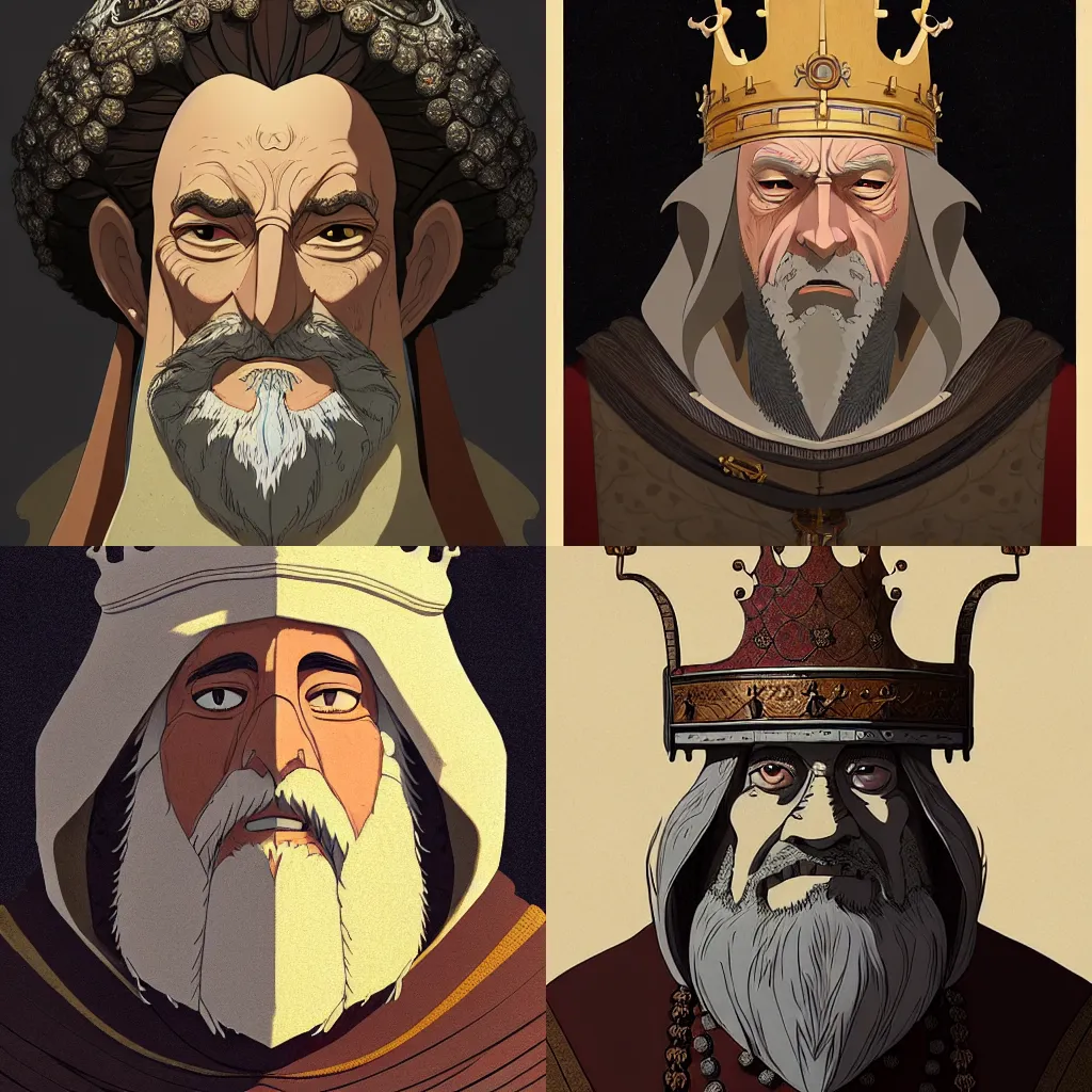 Prompt: portrait of a medieval old king, elegant, highly detailed, concept art, smooth, sharp focus, illustration, art by studio ghibli!! and fujita goro and tom whalen and juan pablo machado, artstation, 8 k