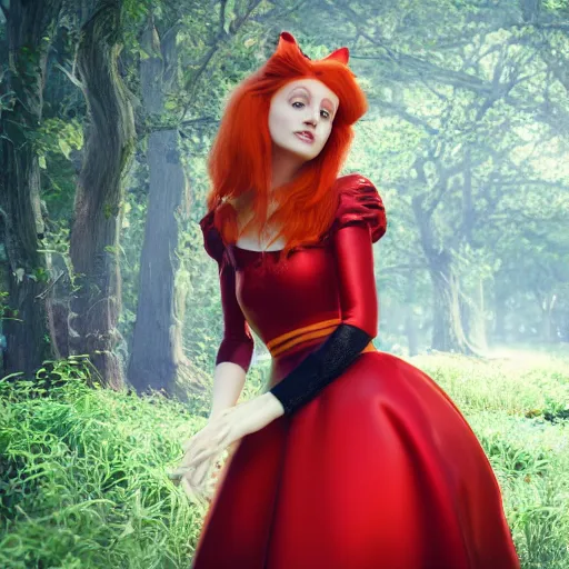 Image similar to red head queen, alice in wonderland theme, disney photo realistic, octane render, 8 k, unreal engine, hd, cinematic lighting