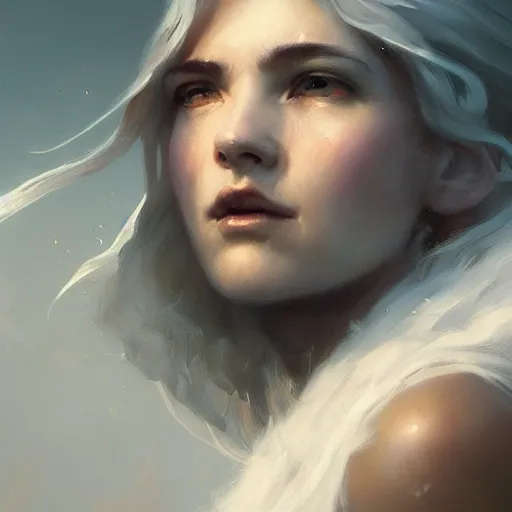 Image similar to a beautiful portrait of a cloud goddess by Greg Rutkowski and Raymond Swanland, Trending on Artstation, ultra realistic digital art