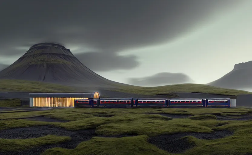 Image similar to exterior shot of utopian train station on in the middle of an icelandic hill with cinematic lighting by peter zumthor and renzo piano, darek zabrocki and greg ruthkowski, simon stalenhag, cinematic, holy place, paradise, scifi, futurism, atmospheric, concept art, artstation, trending on artstation