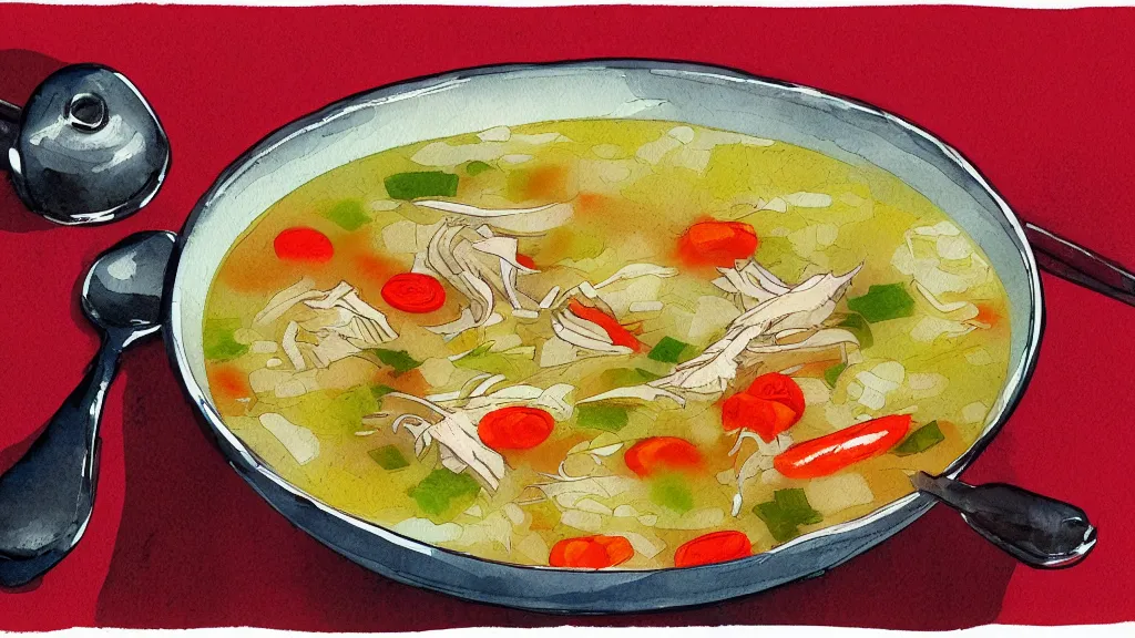 Prompt: chicken soup, kseniia yeromenko, rob duenas, watercolor, illustration, red background, highly detailed