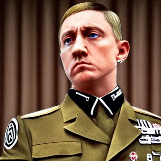 Image similar to award-winning photograph of Eminem as Adolf Hitler, highly detailed, ultra realistic, 8k, cinematic