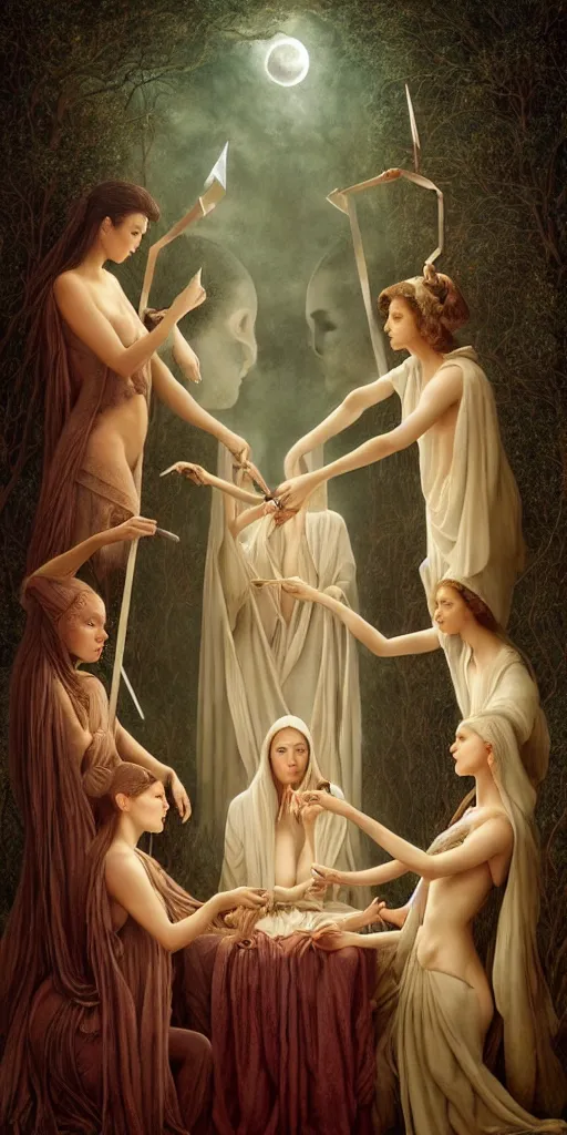 Prompt: the three fates cutting threads with scissors, forest, moonlight, gemma chen, madison beer, angela sarafyan, pinup, intricate beautiful faces, surrealistic painting by agostino arrivabene, artgerm, vanessa beecroft, anka zhuravleva, mary jane ansell, peter mohbacher, gerald brom