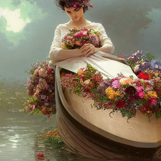 Prompt: an elaborate floating coffin with a mysterious woman sleeping and holding a large bouquet of flowing flowers, hands hidden under the bouquet, side view, fantasy, regal, intricate, by stanley artgerm lau, greg rutkowski, thomas kindkade, alphonse mucha, loish, norman rockwell