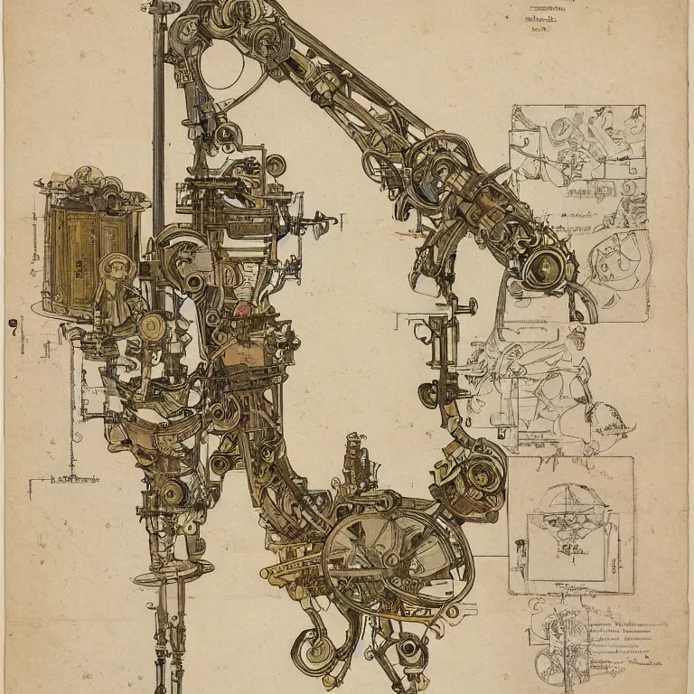 Image similar to detailed, intricate technical drawings on parchment from 1 8 4 0, with labels and notes, for a beautiful, symmetric, art nouveau robotic arm holding a paintbrush, by ron cobb and alphonse mucha