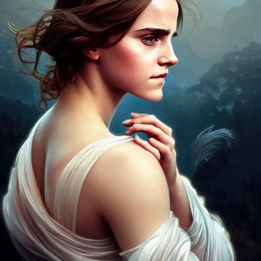 Image similar to beautiful portrait of emma watson, natural beauty expressive pose, fantasy, intricate, elegant, highly detailed, digital painting, artstation, concept art, smooth, sharp focus, illustration, art by artgerm and greg rutkowski and alphonse mucha