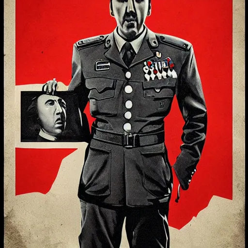 Image similar to nic cage as a poster for a fascist dictatorship, stylized propaganda poster,