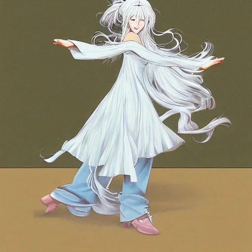 Prompt: A girl with long white hair is dancing, her hair is very flowing by yoneyama mai