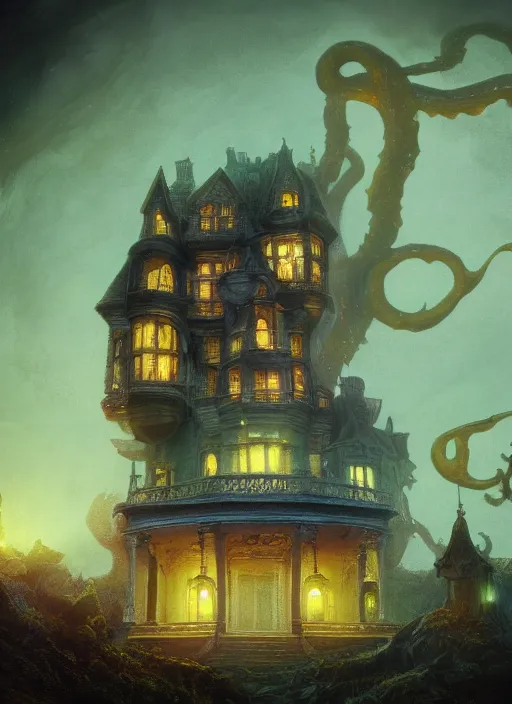 Image similar to glowing mansion in burning vapor dramatic lighting, artstation, matte painting, alexander fedosav, alexander jansson, glowing giant squid destroying the mansion by allen williams