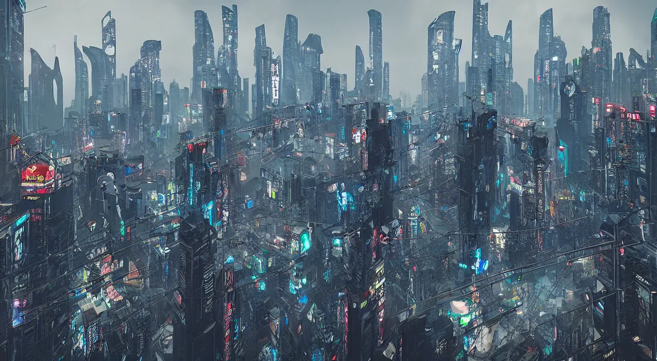 Prompt: “cyberpunk Shanghai, overruled by superintelligent AI”