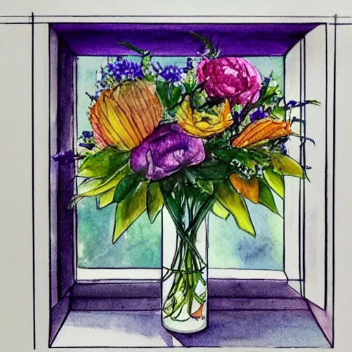 Prompt: a fancy vase with a colorful and beautiful flower arrangement by the fancy window. very stylize and delicate watercolor and pencil drawing. 3 d. beautiful lighting, 4 k post - processing, trending in art station, cg society, highly detailed, 5 k extremely detailed