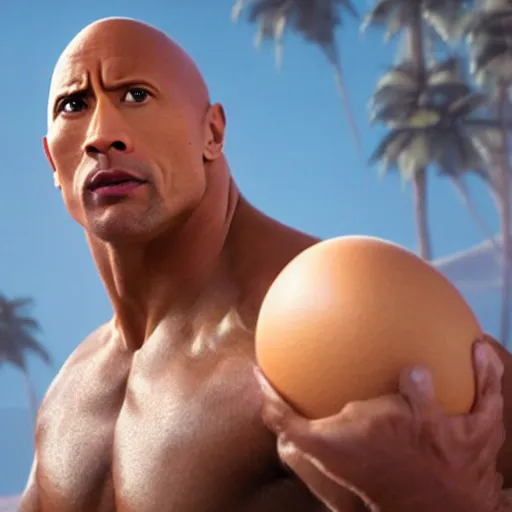 Prompt: dwayne the rock johnson with a egg for a head, dazzling lights, dramatic lighting, photorealistic, cinematic scene, super detailed, hyper realistic, bright lights