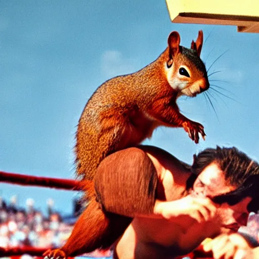 Image similar to a realistic squirrel wrestling at 1 9 8 0 s wrestlemania movie still