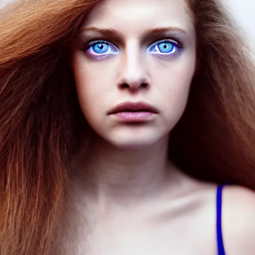 Image similar to a vivid portrait of a female with beautiful hair, light skin, and big blue eyes, soft cinematic lighting, shallow depth of field, photograph by annie leibovitz, 4k